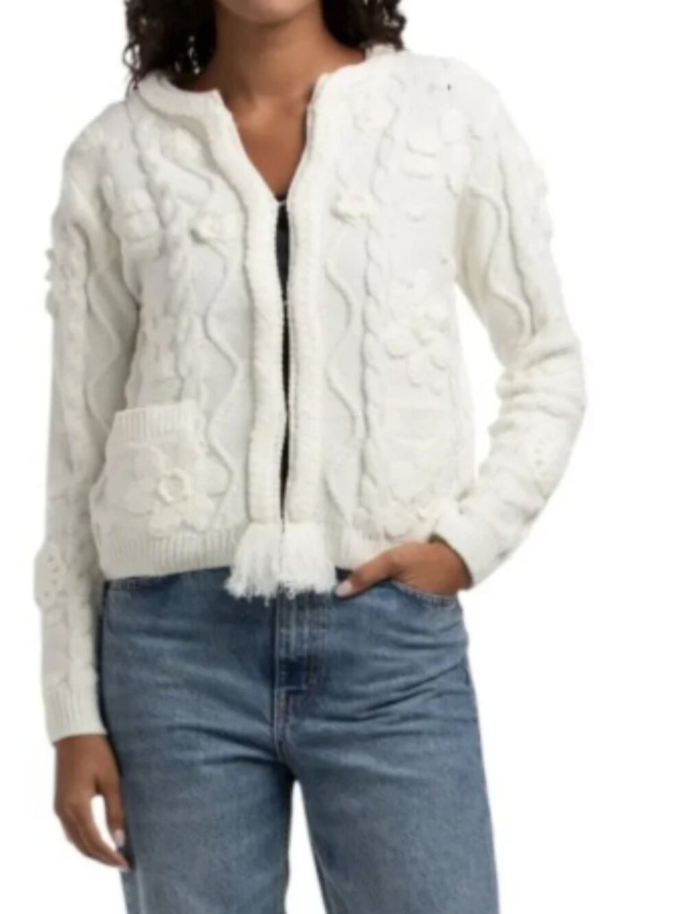 Women's Cream Floral Cable Knit Cardigan Sweater